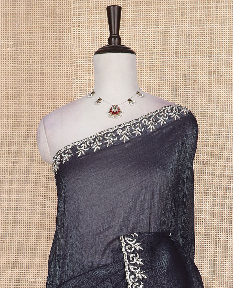 Graphite grey geometric printed designer saree, vine design stone embroidered scallop border