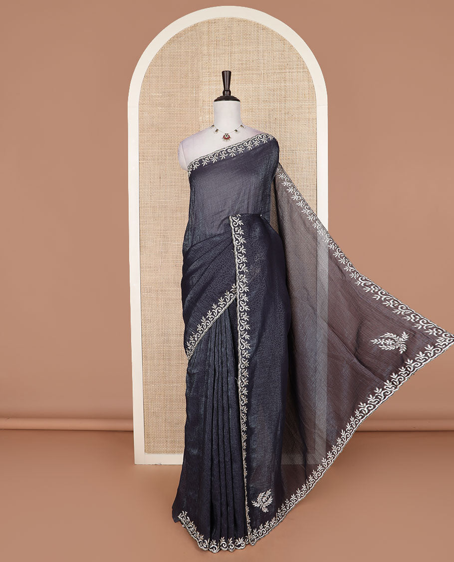 Graphite grey geometric printed designer saree, vine design stone embroidered scallop border