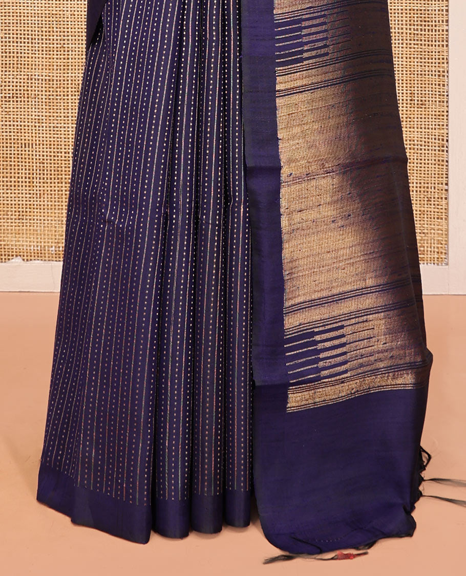 Blue Dupion Silk Saree, Steeped in Richness of Stripes and Buttas, a Self-Border, Gleaming Zari Temple Pallu, and a Matching Blouse