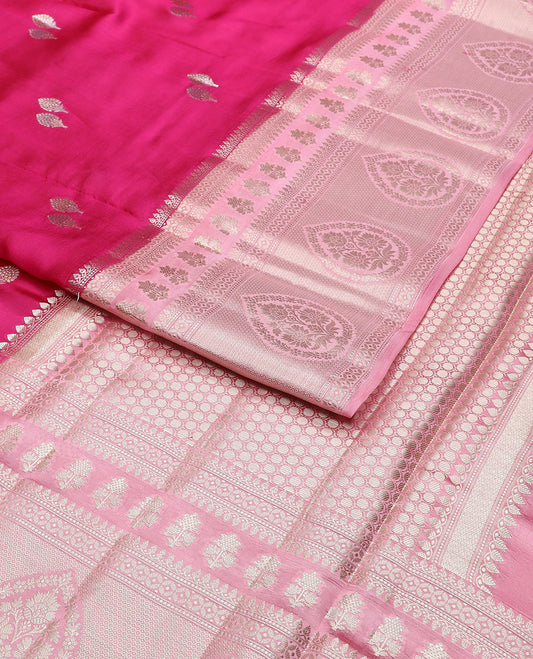 Pink floral motifs raw mango silk saree with self zari design & floral design pallu