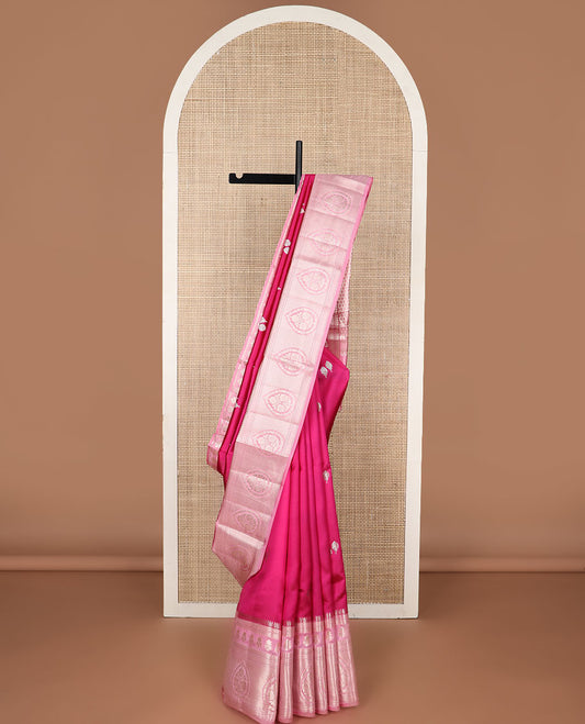 Pink floral motifs raw mango silk saree with self zari design & floral design pallu