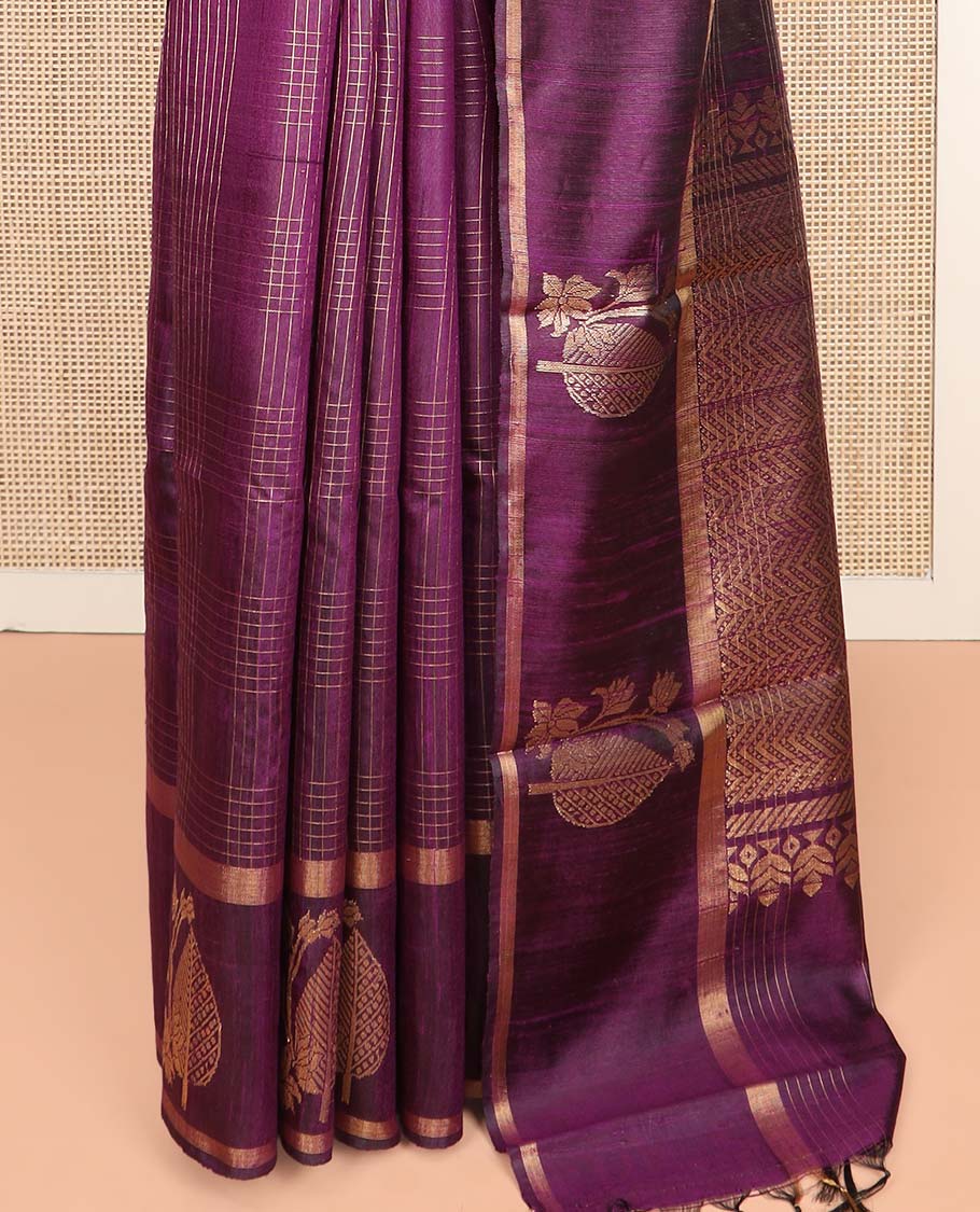 Purple Dupion Silk Saree, Enriched with Zari Buttas and Checks All Over Its Body, Highlighted by a Zari Border of Floral-Leaf Designs, Pallu Delicately Woven with Chevron Designs, and Paired with a Matching Blouse