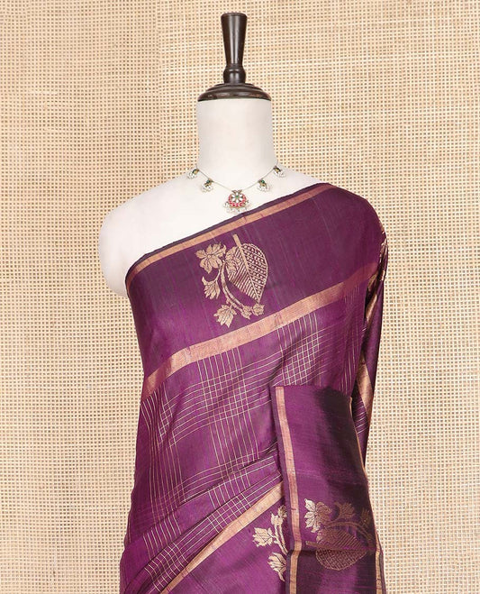 Purple Dupion Silk Saree, Enriched with Zari Buttas and Checks All Over Its Body, Highlighted by a Zari Border of Floral-Leaf Designs, Pallu Delicately Woven with Chevron Designs, and Paired with a Matching Blouse