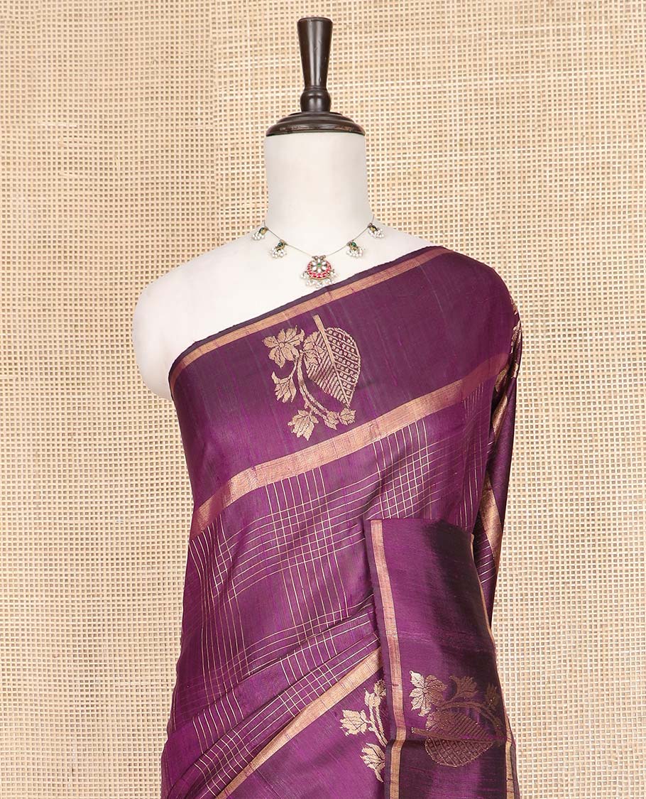 Purple Dupion Silk Saree, Enriched with Zari Buttas and Checks All Over Its Body, Highlighted by a Zari Border of Floral-Leaf Designs, Pallu Delicately Woven with Chevron Designs, and Paired with a Matching Blouse