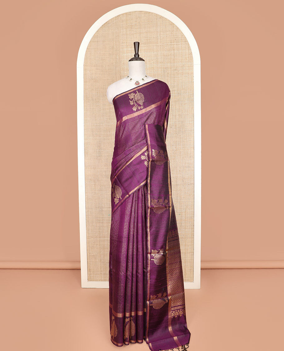 Purple Dupion Silk Saree, Enriched with Zari Buttas and Checks All Over Its Body, Highlighted by a Zari Border of Floral-Leaf Designs, Pallu Delicately Woven with Chevron Designs, and Paired with a Matching Blouse