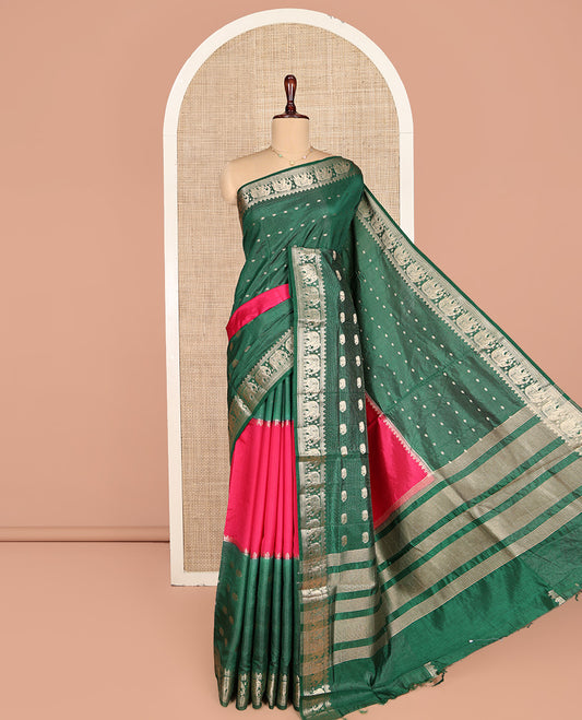 Green Dupion Silk Saree Features Half-And-Half and Zari Buttas, and Checks, Complemented by a Contrast Traditional Zari Border, Zari Striped Pallu, and a Contrast Blouse