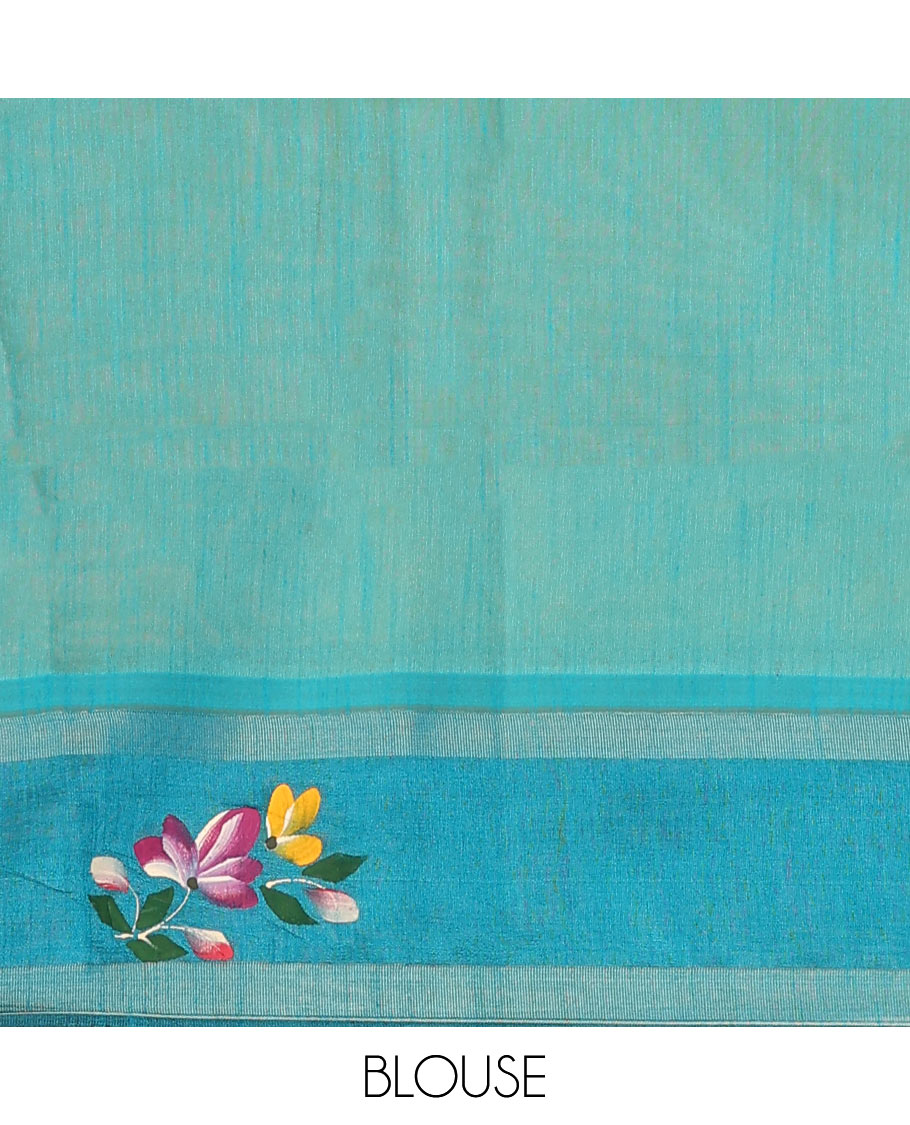 Yellow dobbly-style buttas dupion saree, contrast painting-style floral creeper design border, and buttas pallu