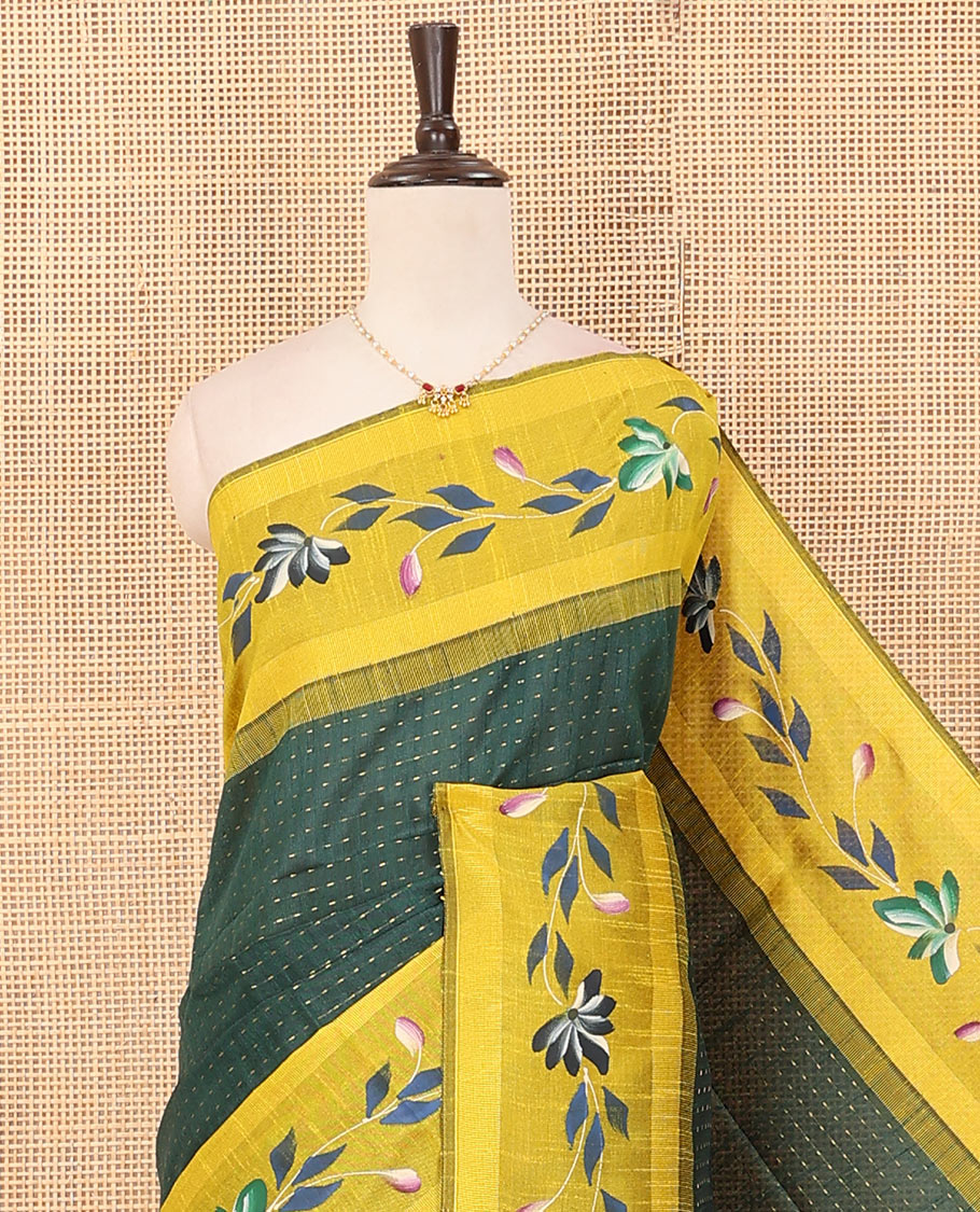 Green dobby buttas dupion saree, contrast hand-brushing-style floral creeper border, and plain pallu