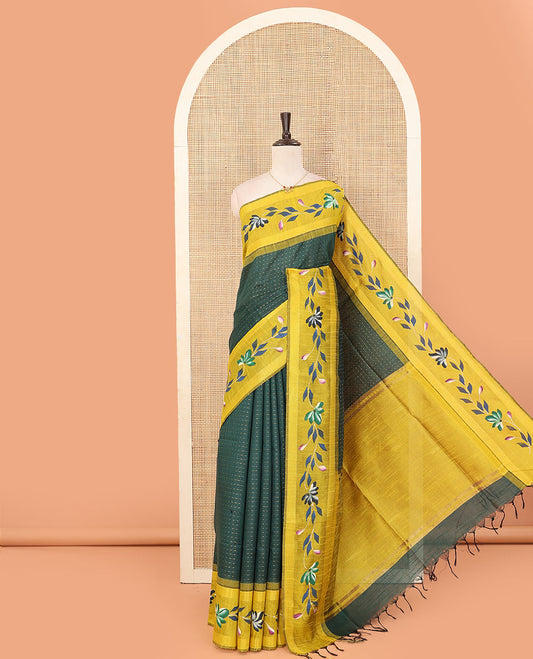 Green dobby buttas dupion saree, contrast hand-brushing-style floral creeper border, and plain pallu