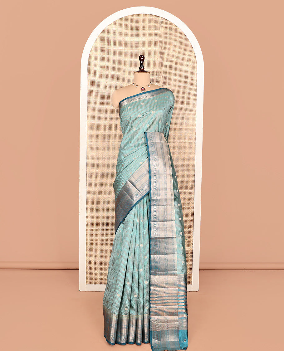 Blue Semi-Banarasi Dupion Saree, Gleamed Up with Zari Checks and Buttas, a Contrast Traditional Zari Design Border, Striped Pallu, and a Contrast Blouse