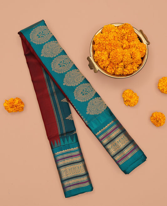 Maroon Gadwal Silk Saree, Beautifully Bedecked with Zari Buttas, Complemented by a Contrast Traditional Zari Design Temple Border, Jaal Pallu, and a Contrast Blouse