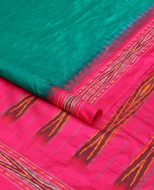 Green plain design ikkat saree, contrast ikkat border & pallu of ikkat designs