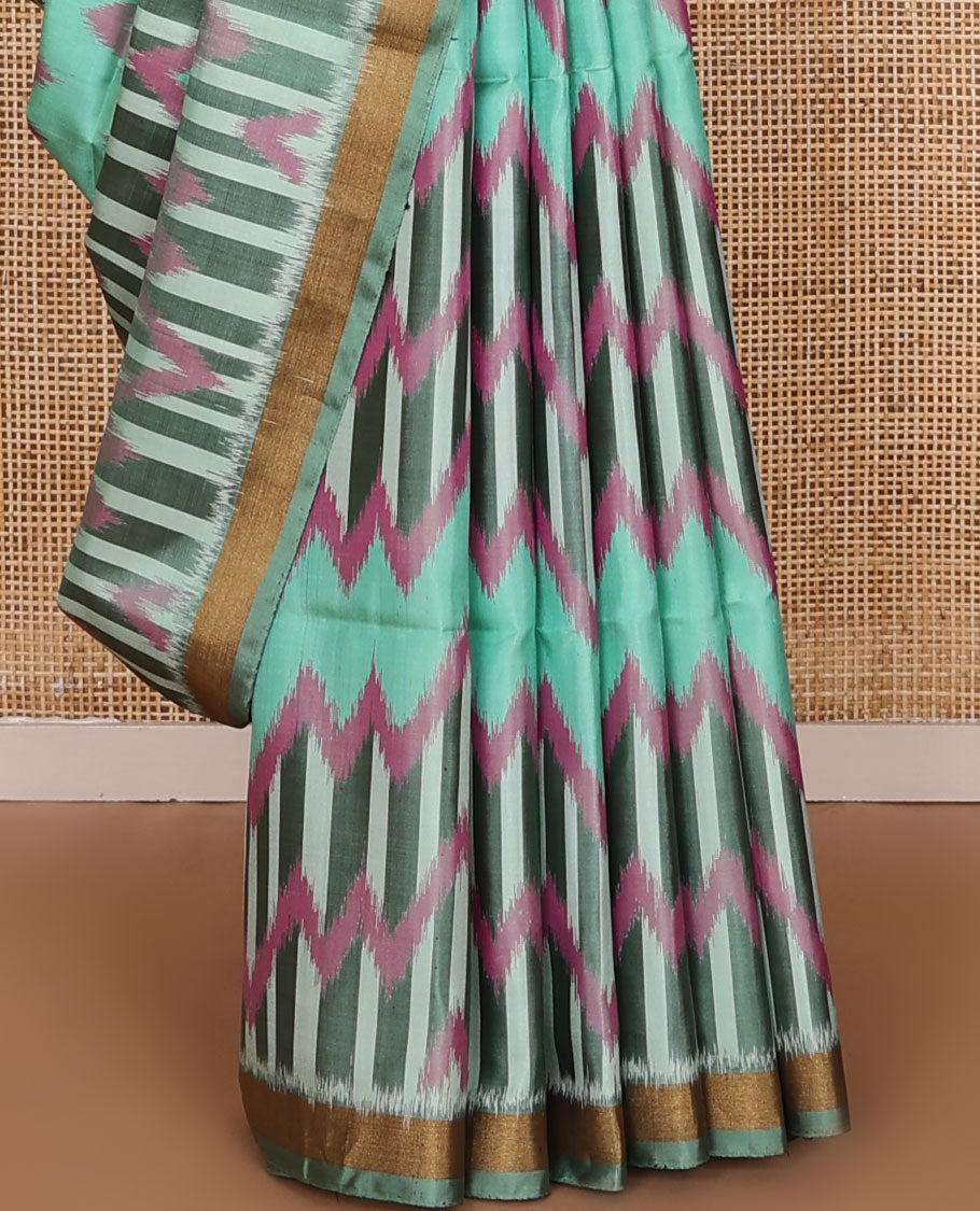 Blue chevron design pure ikkat saree, plain border & contrast geometric patterned pallu