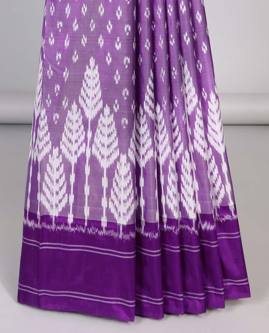 Purple floral motifs ikkat silk saree with contrast striped border & striped, floral motifs pallu