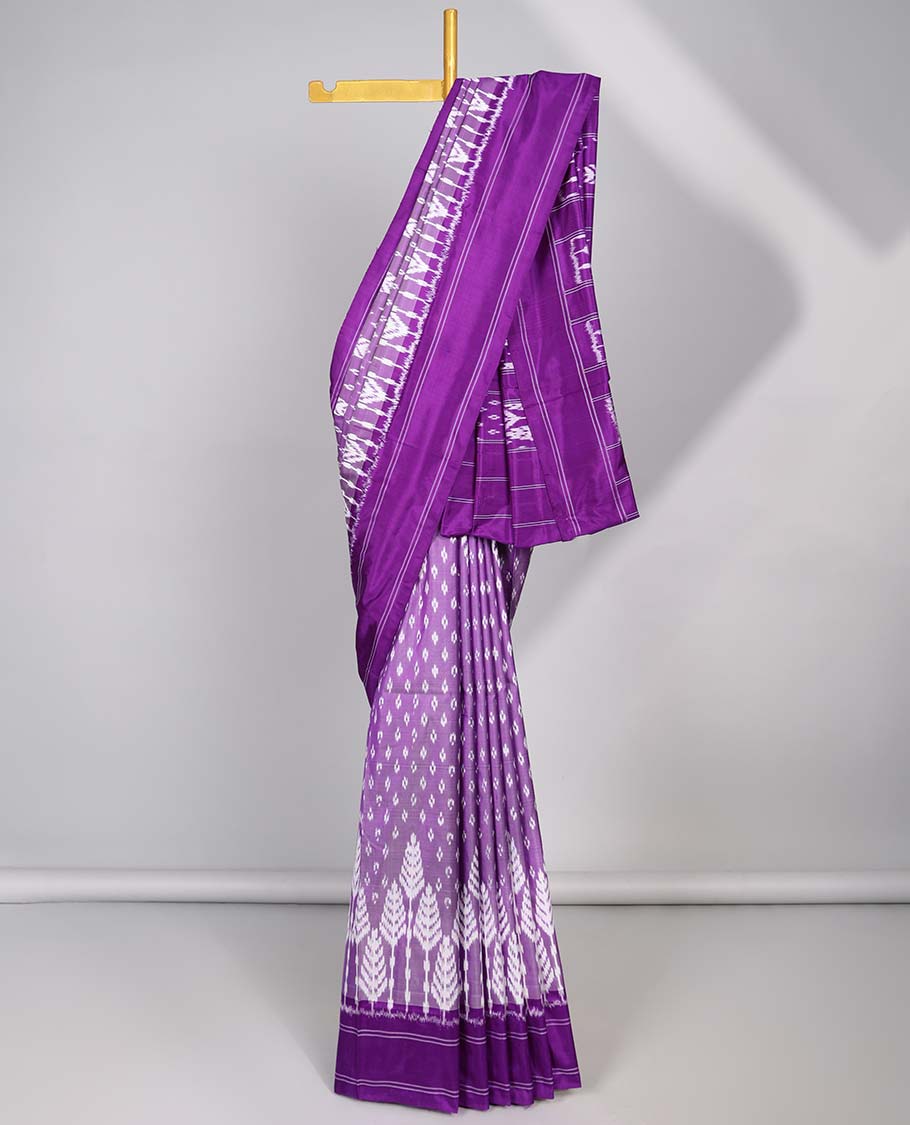 Purple floral motifs ikkat silk saree with contrast striped border & striped, floral motifs pallu