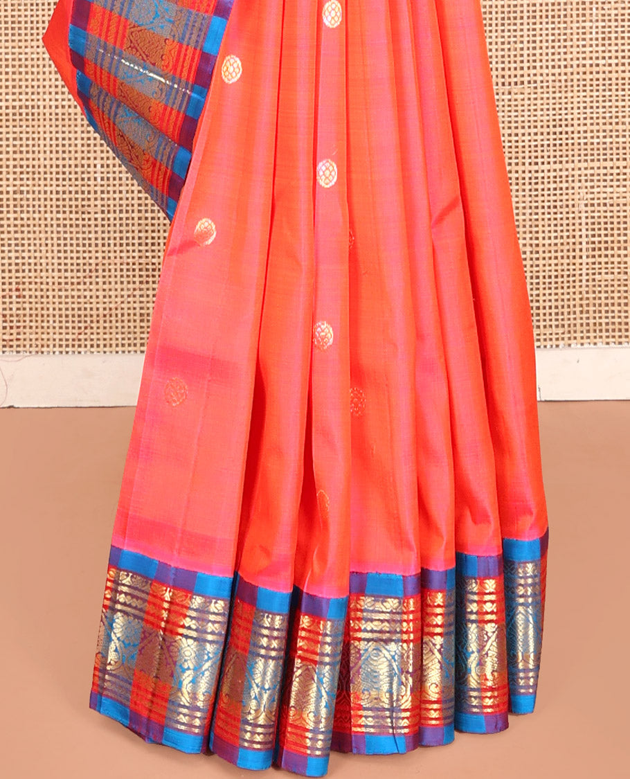 Pink-Peach Kanchipuram Silk Saree, Detailed with Zari Buttas, Contrast Korvai Traditional Border, Checked Pallu of Zari Design, and No Blouse