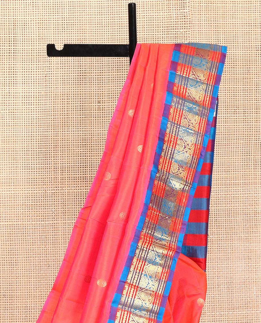 Pink-Peach Kanchipuram Silk Saree, Detailed with Zari Buttas, Contrast Korvai Traditional Border, Checked Pallu of Zari Design, and No Blouse