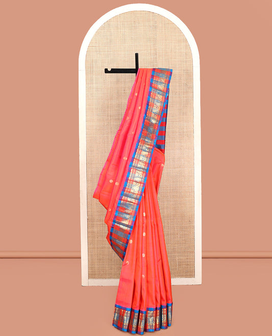 Pink-Peach Kanchipuram Silk Saree, Detailed with Zari Buttas, Contrast Korvai Traditional Border, Checked Pallu of Zari Design, and No Blouse