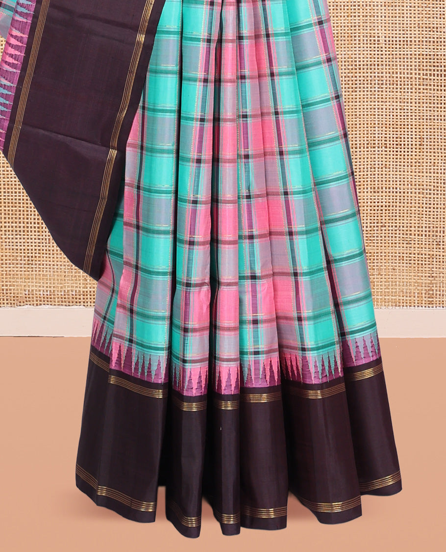Multi-Color Checked Kanchipuram Silk Saree, Complemented by a Contrast Temple Bodi Border, Zari Striped Pallu, and Contrast Blouse