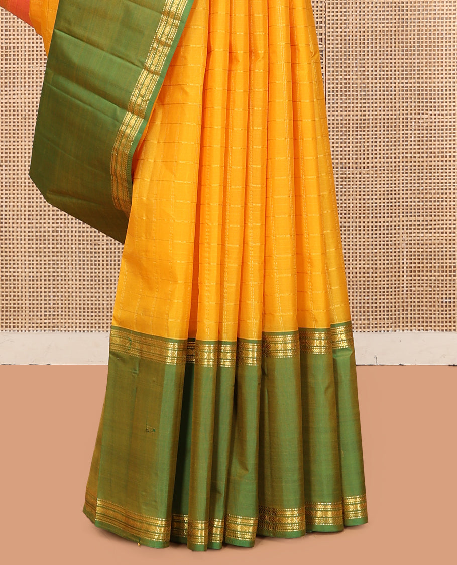 Yellow Kanchipuram Silk Saree, Subtly Woven with Checks, Complemented by a Contrast Ganga-Jaumna Rettai Pettu Border of Muthu, Kathir, and Rudraksham Designs, Striped Pallu, and a Contrast Blouse
