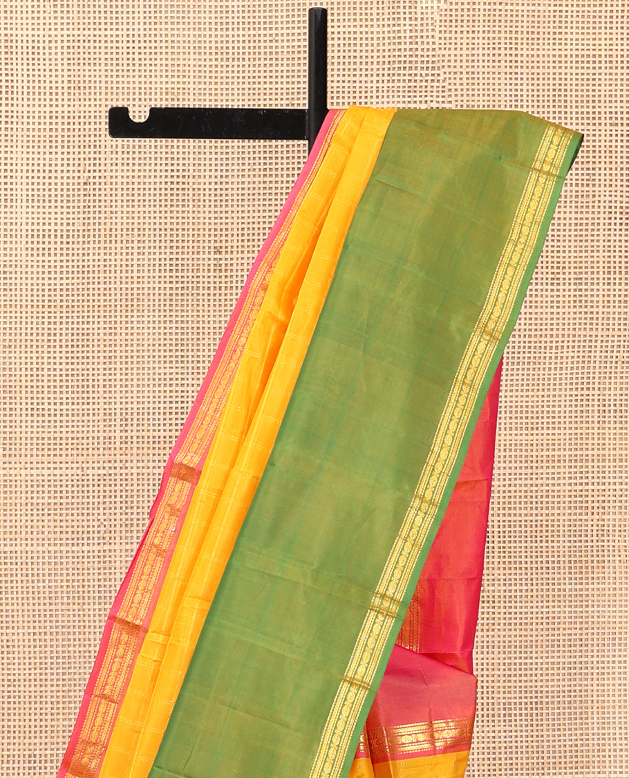 Yellow Kanchipuram Silk Saree, Subtly Woven with Checks, Complemented by a Contrast Ganga-Jaumna Rettai Pettu Border of Muthu, Kathir, and Rudraksham Designs, Striped Pallu, and a Contrast Blouse