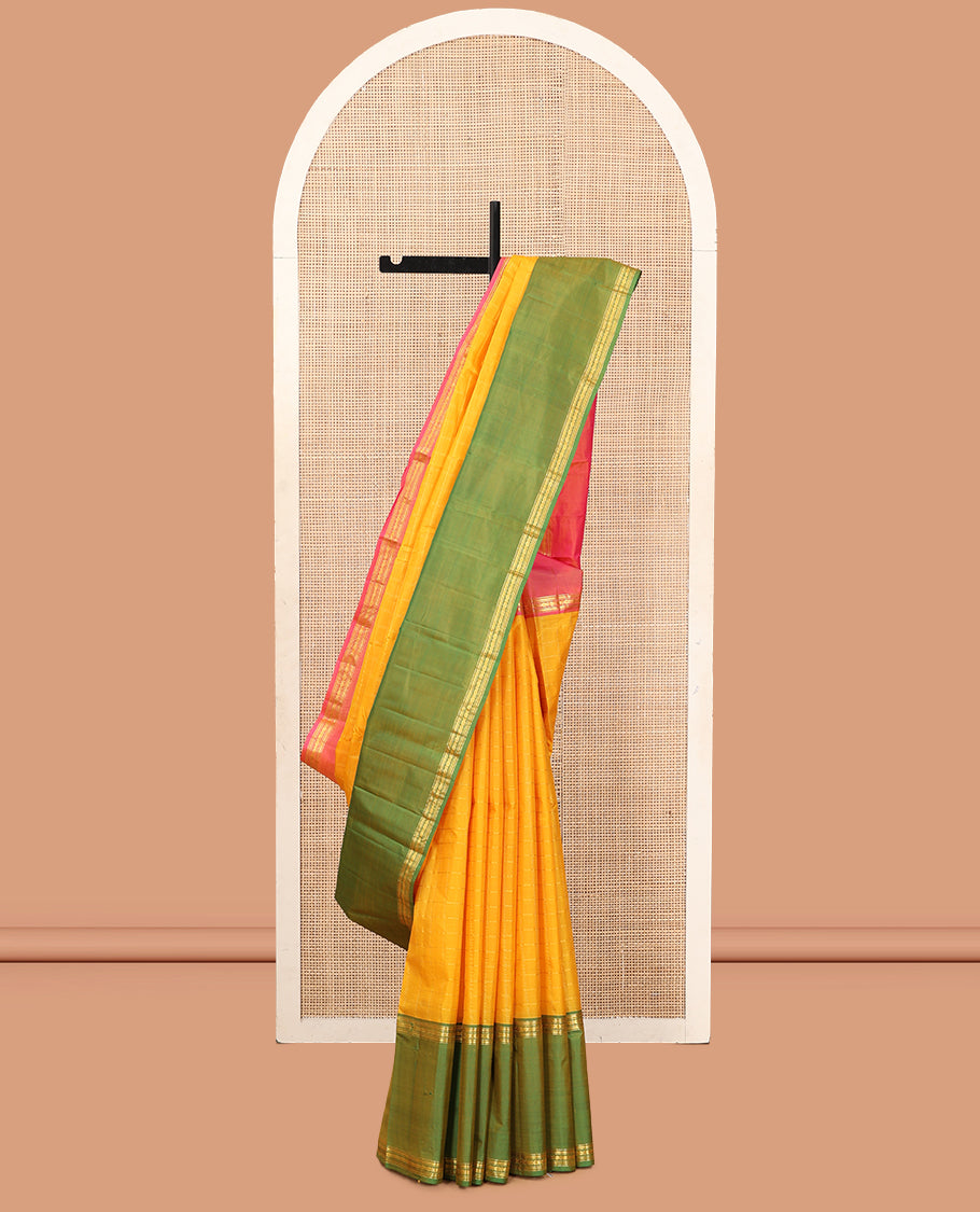 Yellow Kanchipuram Silk Saree, Subtly Woven with Checks, Complemented by a Contrast Ganga-Jaumna Rettai Pettu Border of Muthu, Kathir, and Rudraksham Designs, Striped Pallu, and a Contrast Blouse