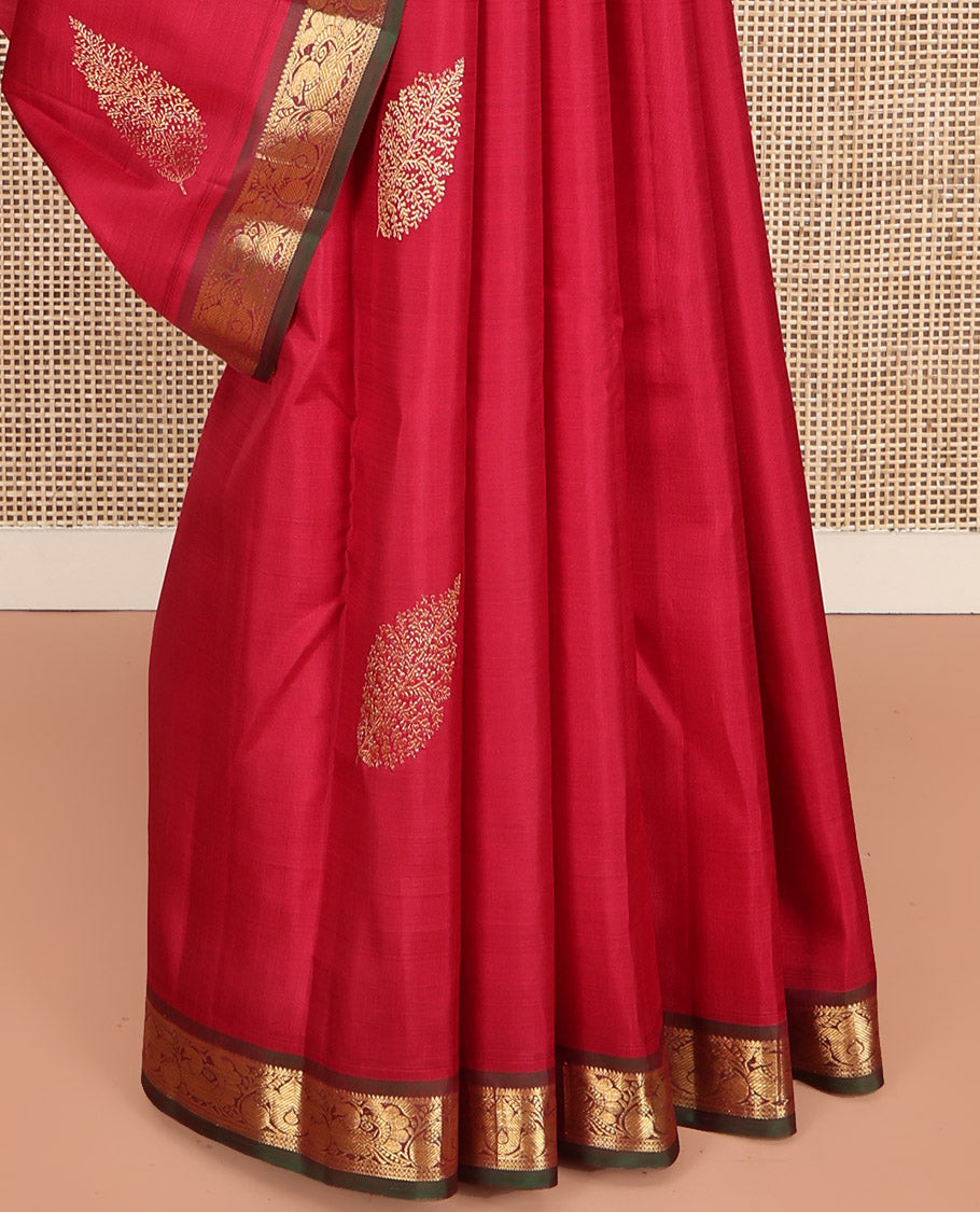 Red Kanchipuram Silk Saree, Woven with Zari Buttas All Over Its Body, Complemented by a Contrast Border of Mayil Designs, Intricately Designed Pallu, and Paired with a Contrast Blouse