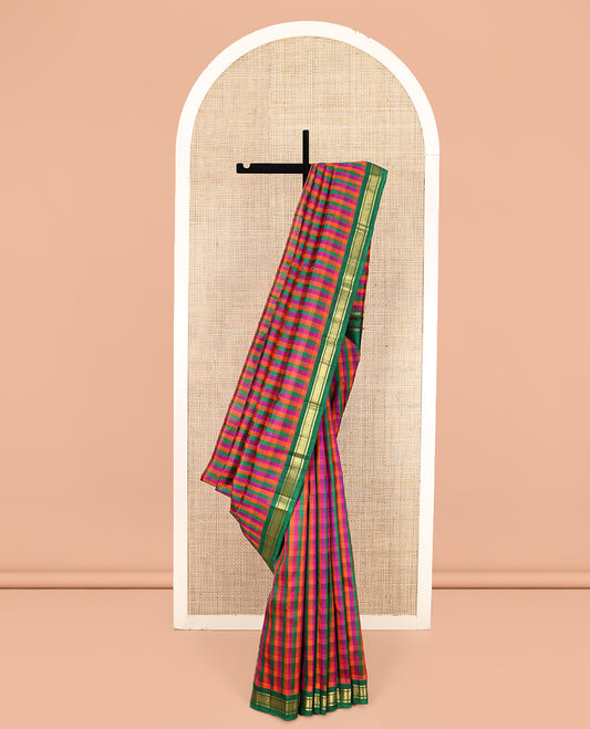 Multi-Color Palum Pazhamum Checked Kanchipuram Silk Saree, Complemented by a Contrast Korvai One-Sided Border of Banaras and Jaal Designs, Zari Design Pallu, and No Blouse