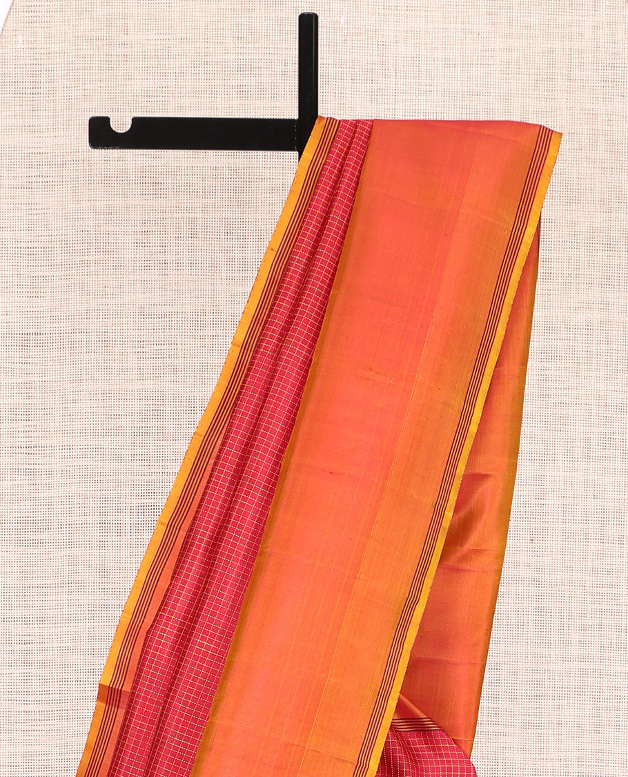 Red Muthu Kattam Kanchipuram Silk Saree, Complemented by Contrast Bodi Border, Striped Pallu, and a Contrast Blouse