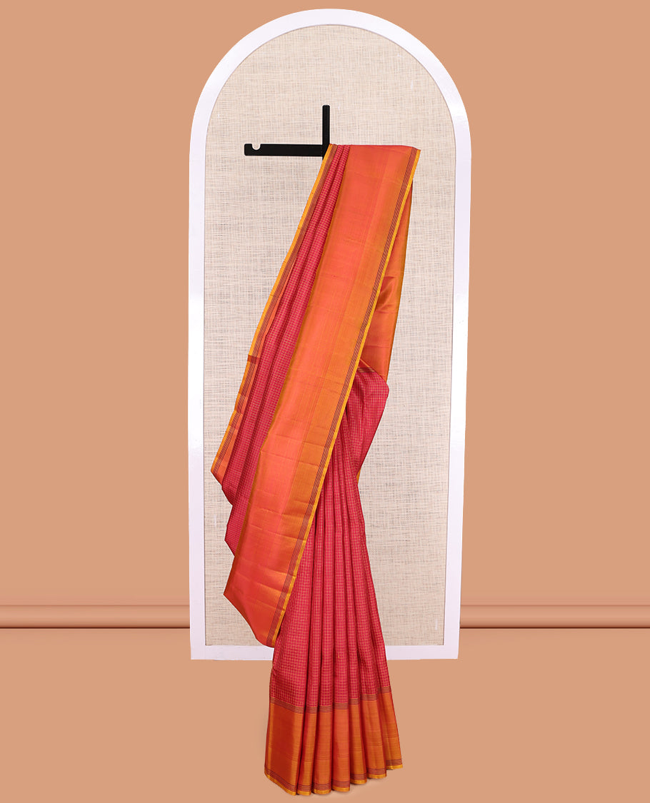 Red Muthu Kattam Kanchipuram Silk Saree, Complemented by Contrast Bodi Border, Striped Pallu, and a Contrast Blouse