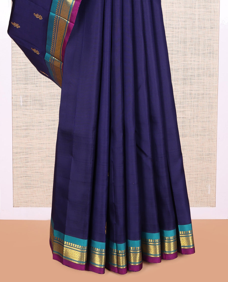 Blue Kanchipuram Silk Saree, Mesmerised with Zari Buttas, a Contrast One-sided Border of Panner Sombu, Banaras, and Mayil Kann Designs, Zari Woven Pallu, and No Blouse
