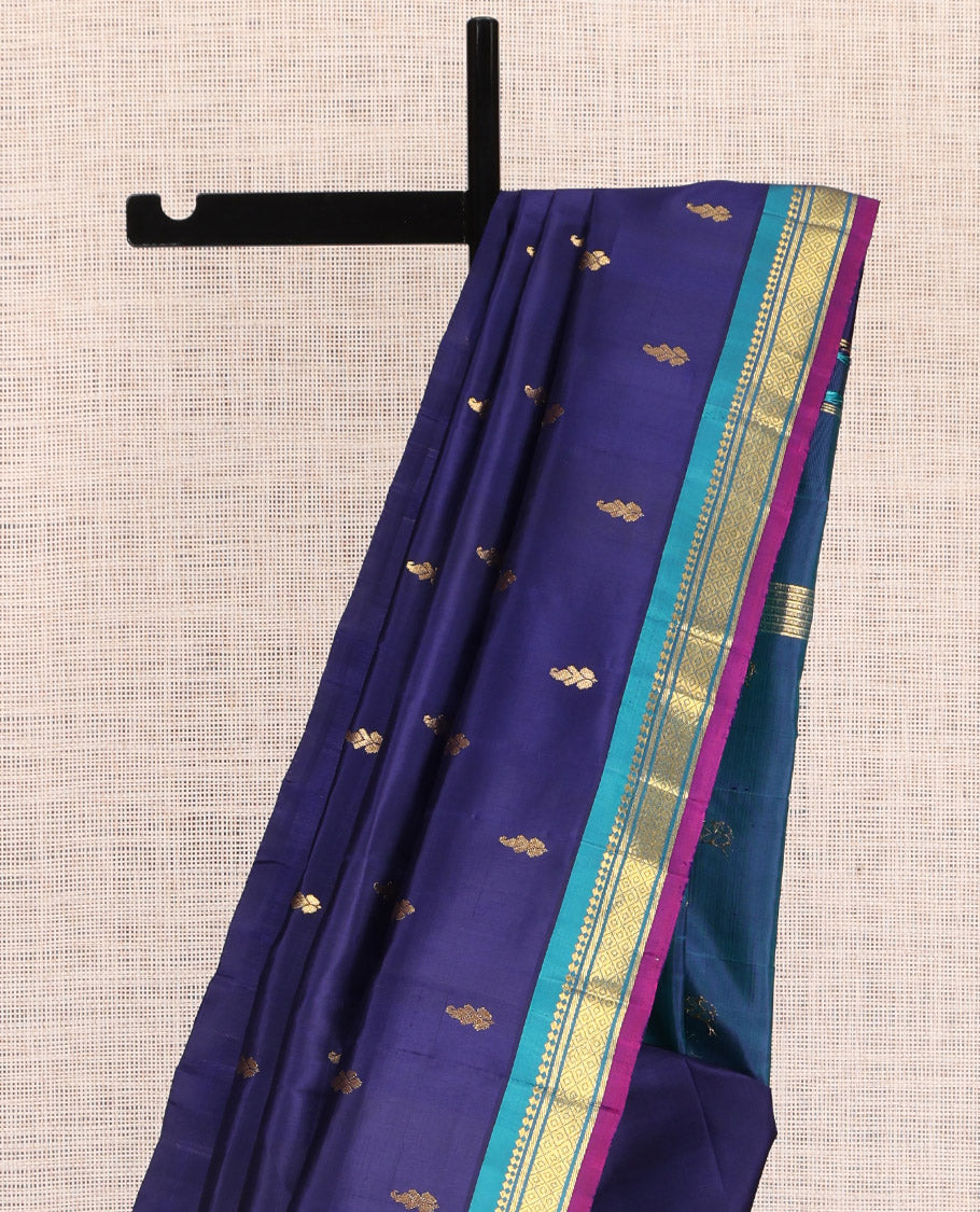 Blue Kanchipuram Silk Saree, Mesmerised with Zari Buttas, a Contrast One-sided Border of Panner Sombu, Banaras, and Mayil Kann Designs, Zari Woven Pallu, and No Blouse