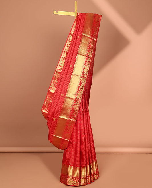 Red checked with floral buttas kancheepuram silk saree, self wedding design border & intricate jaal zari pallu