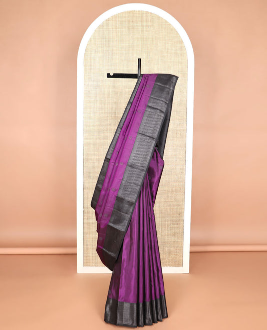 Violet buttas kancheepuram silk saree with self border of thilakam mokku, muthu, banaras design & zari design pallu