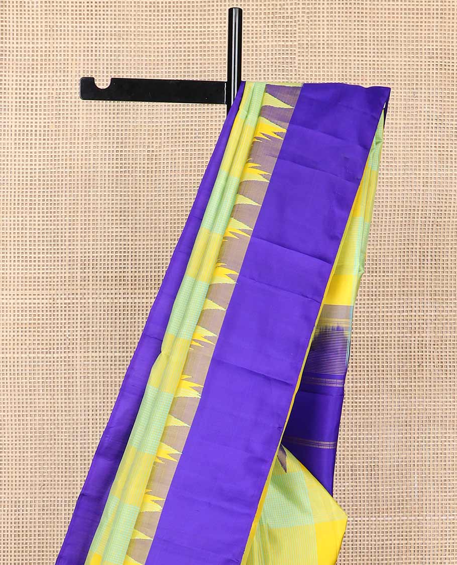 Multi-color checked kancheepuram silk saree with contrast temple border & striped pallu