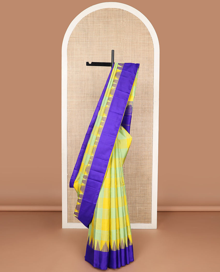 Multi-color checked kancheepuram silk saree with contrast temple border & striped pallu