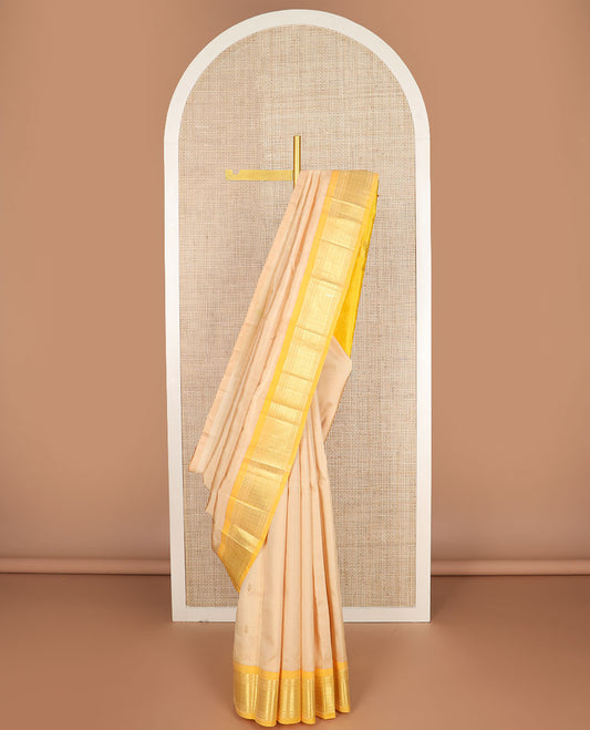 Sandal zari buttas Kanchipuram silk saree, contrast one-sided border of paneer sombu,banaras,muthu & jaal design & zari design pallu