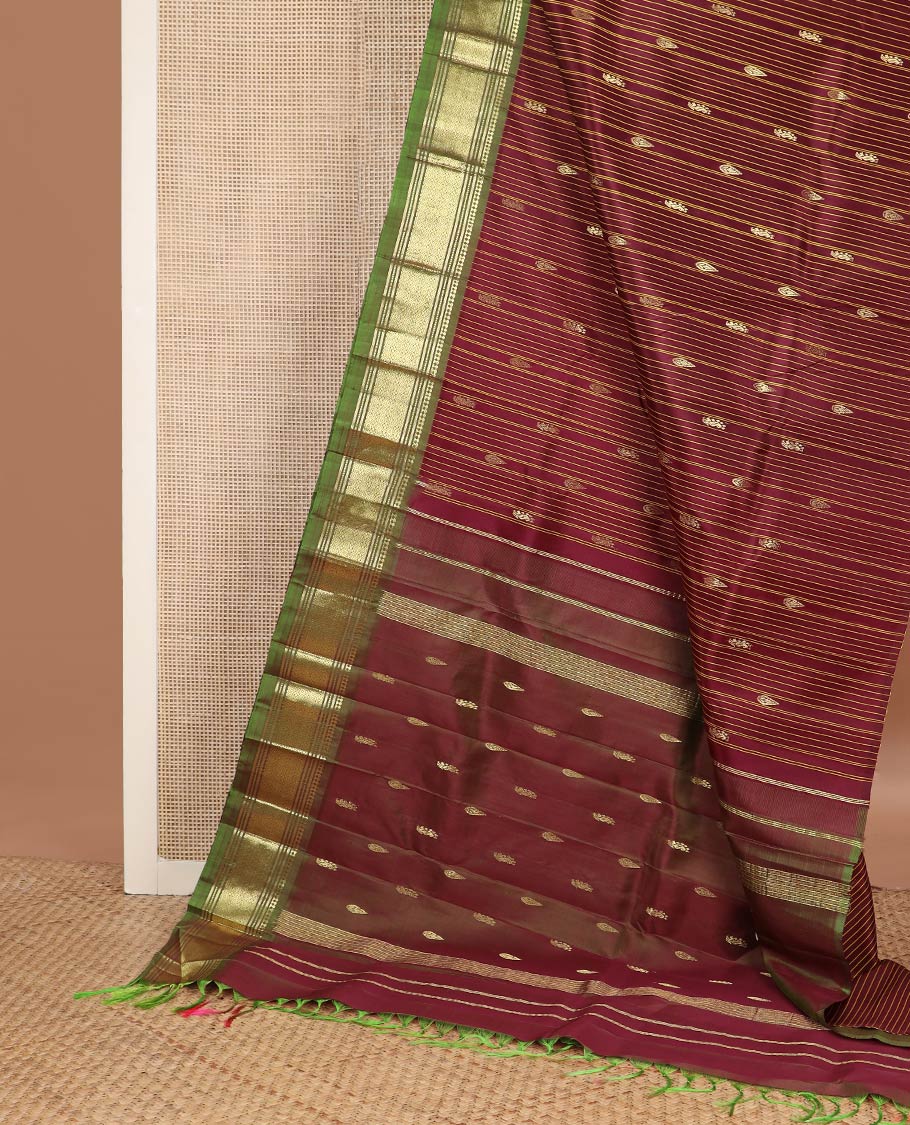 Maroon striped & zari buttas kanchipuram silk saree, contrast one-sided zari border of salngai,banaras,muthu & jaal & zari design pallu