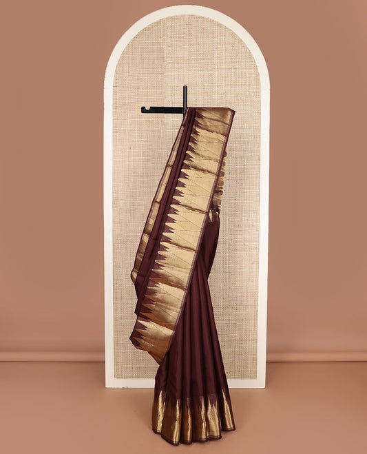 Chocolate brown plain Kanchipuram silk saree, zari thazampoo rekku border & jaal pallu