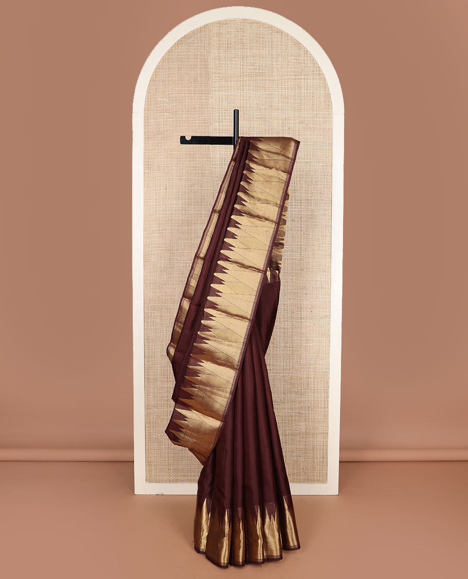 Chocolate brown plain Kanchipuram silk saree, zari thazampoo rekku border & jaal pallu