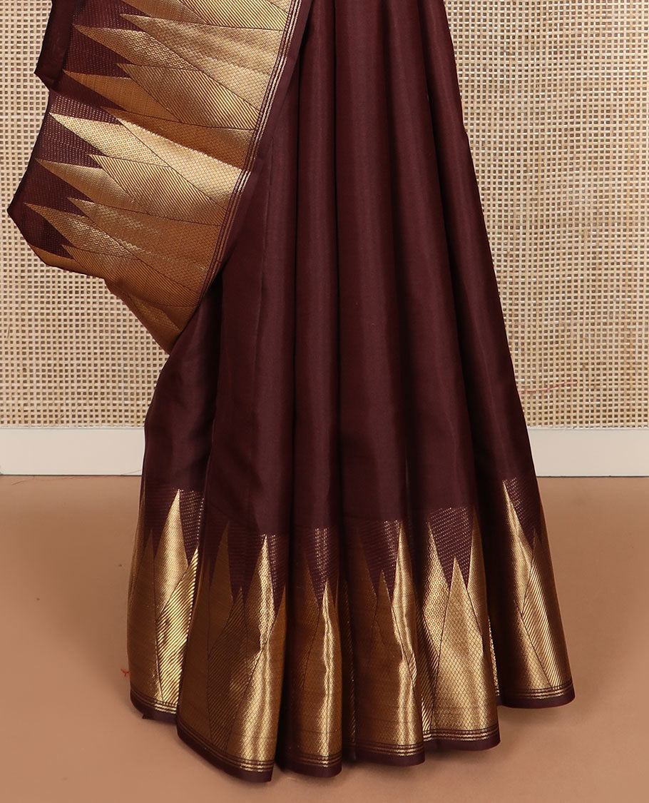 Chocolate brown plain Kanchipuram silk saree, zari thazampoo rekku border & jaal pallu