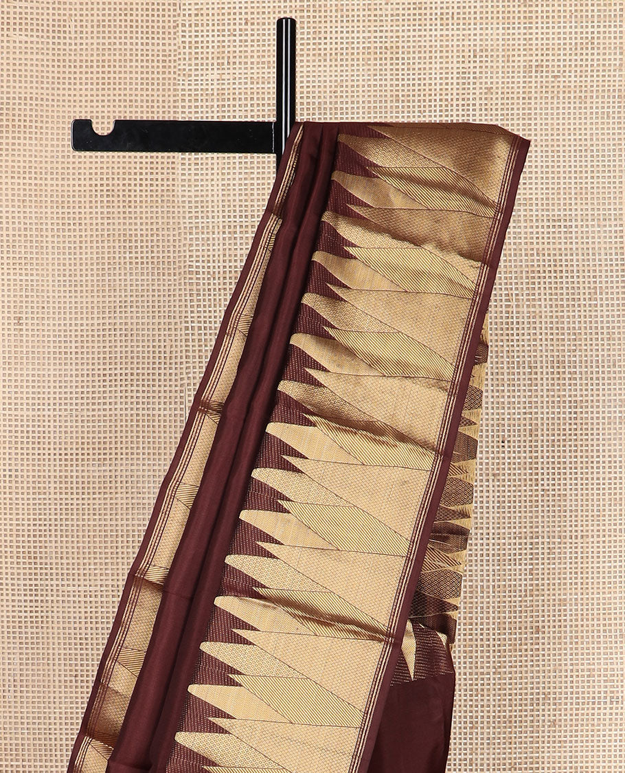 Chocolate brown plain Kanchipuram silk saree, zari thazampoo rekku border & jaal pallu