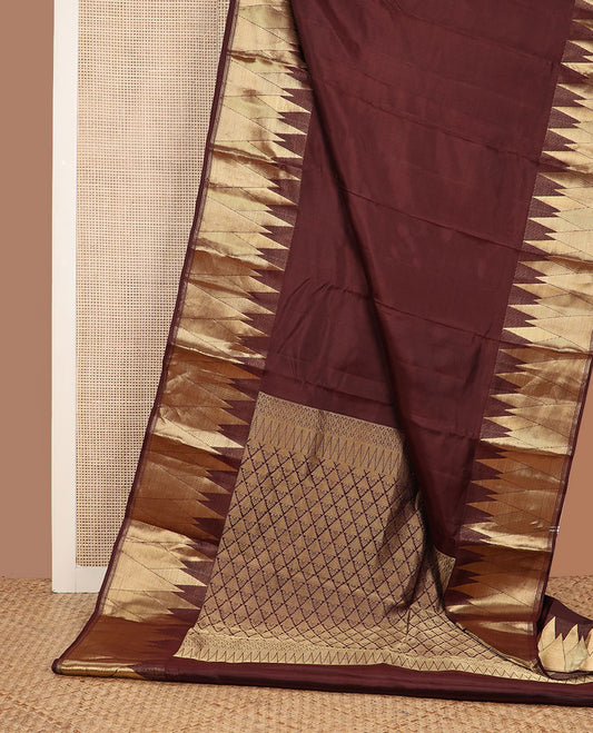 Chocolate brown plain Kanchipuram silk saree, zari thazampoo rekku border & jaal pallu