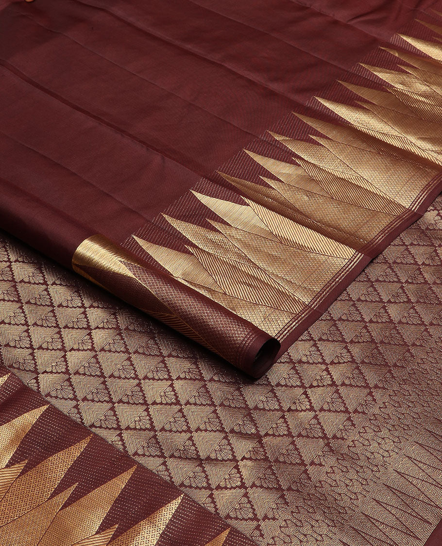 Chocolate brown plain Kanchipuram silk saree, zari thazampoo rekku border & jaal pallu