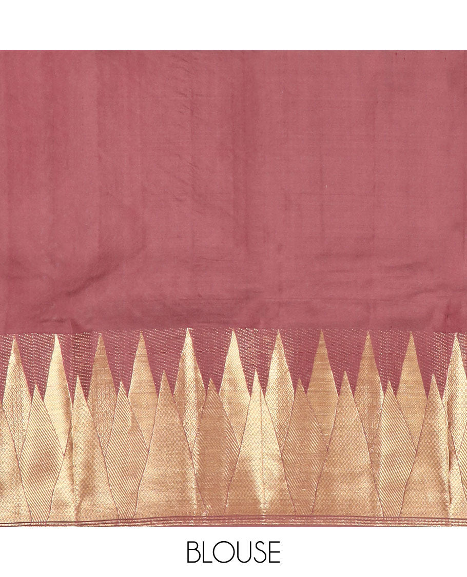 Chocolate brown plain Kanchipuram silk saree, zari thazampoo rekku border & jaal pallu