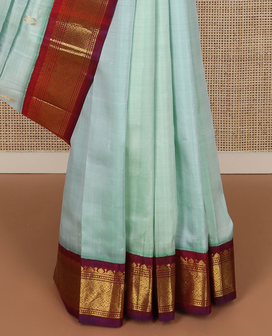 Green zari buttas Kanchipuram silk saree, contrast korvai border of banaras, muthu & jaal design & zari design pallu