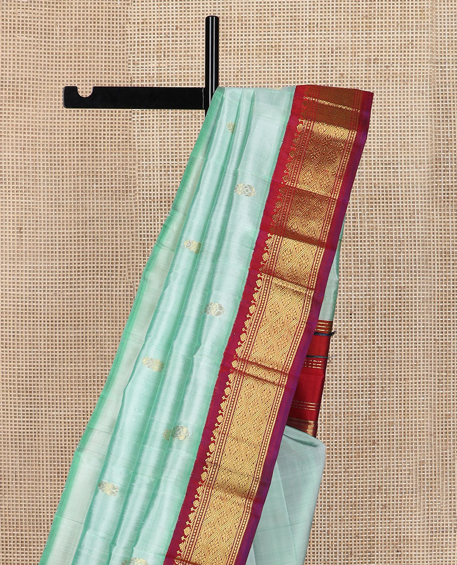 Green zari buttas Kanchipuram silk saree, contrast korvai border of banaras, muthu & jaal design & zari design pallu