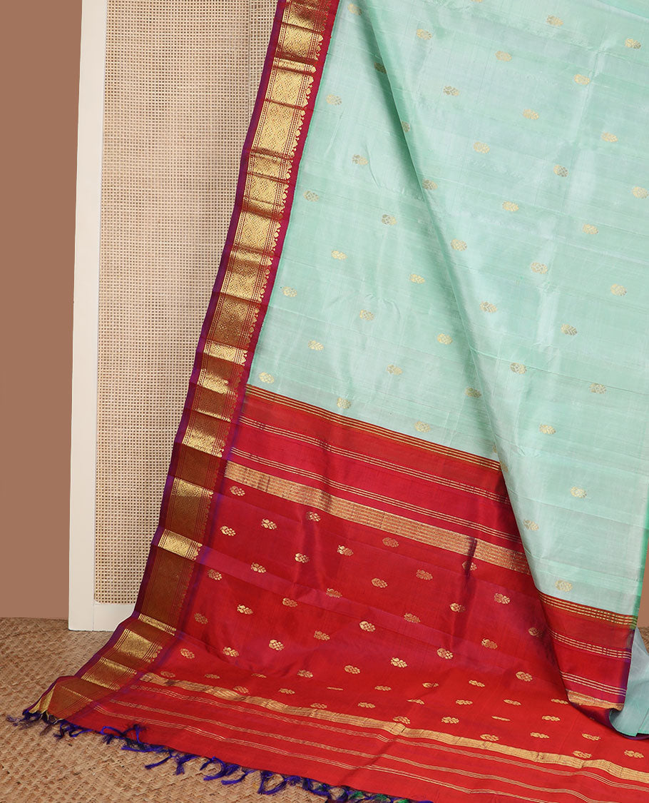 Green zari buttas Kanchipuram silk saree, contrast korvai border of banaras, muthu & jaal design & zari design pallu