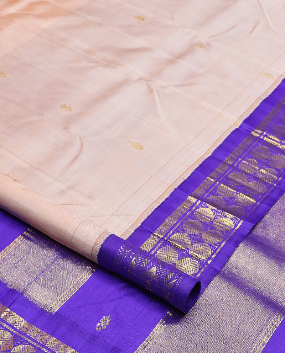 Sandal zari buttas Kanchipuram silk saree, contrast one-sided korvai border of vanki, and poun designs, and zari design pallu
