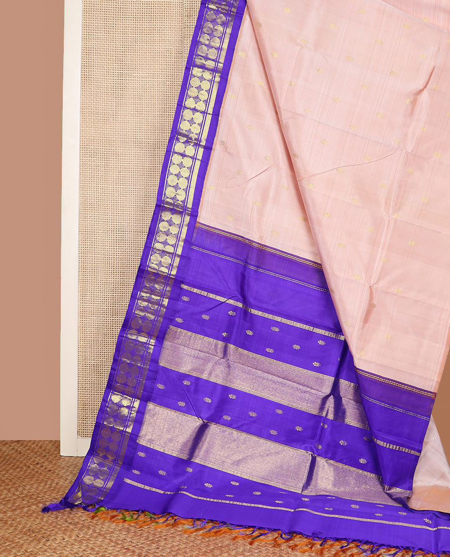Sandal zari buttas Kanchipuram silk saree, contrast one-sided korvai border of vanki, and poun designs, and zari design pallu